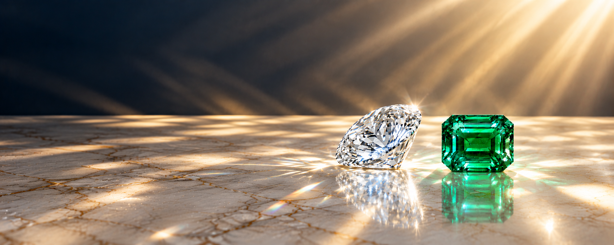 A brilliant-cut diamond and an emerald-cut emerald resting on marble